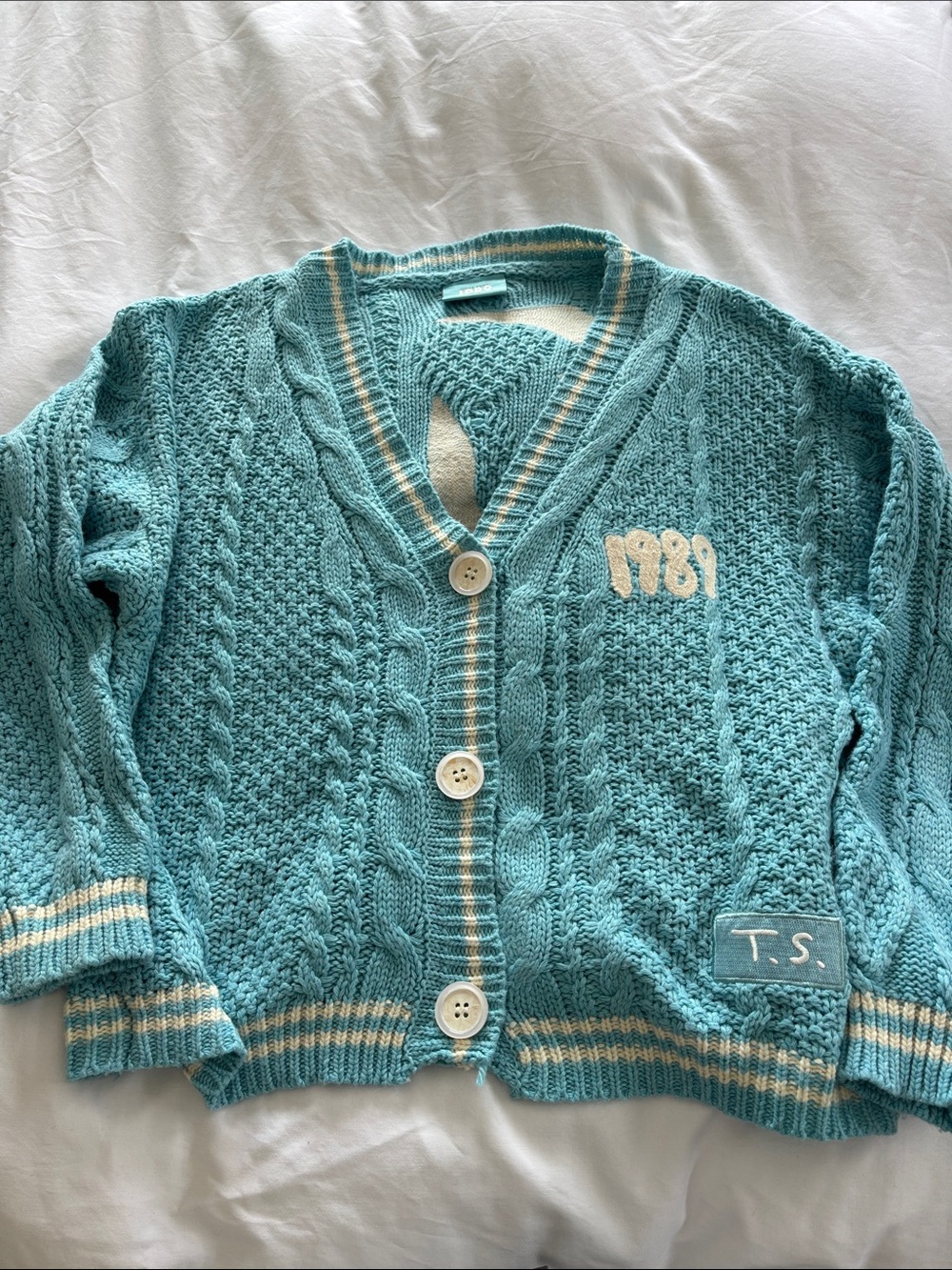 Taylor Swift Light Teal Cable Knit Cardigan with Cream Trim 1989